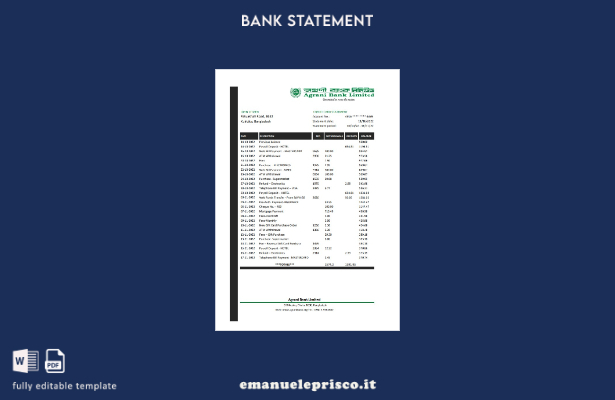 modello Excel di estratto conto bancario Bangladesh Agrani in stile verificato